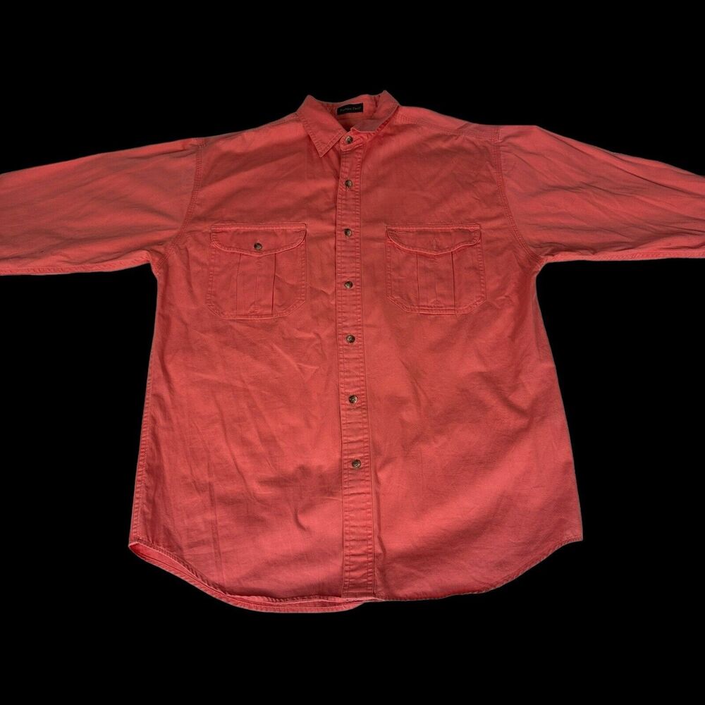 Vintage Eddie Bauer Mens M Rufton Twill Button Up Long Sleeve Shirt Orange/Red